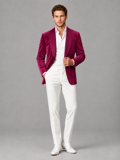 Savile Men's Fuchsia Velvet Shawl Lapel 2-Piece Tuxedo Suit Set | Jacket & White Trousers - Fuchsia - Fuchsia (4)