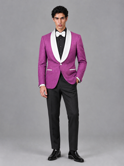 Savile Men's Fuchsia Jacquard White Shawl Lapel 2-Piece Tuxedo Suit Set | Jacket & Trousers - Fuchsia - Fuchsia (4)