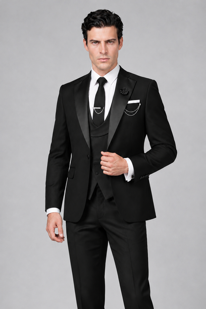 Savile Men's Full Black 3-Piece Tuxedo Suit – Contrast Silver Peak Lapel & Grey Vest Formal Set - Full Black - Full Black (1)