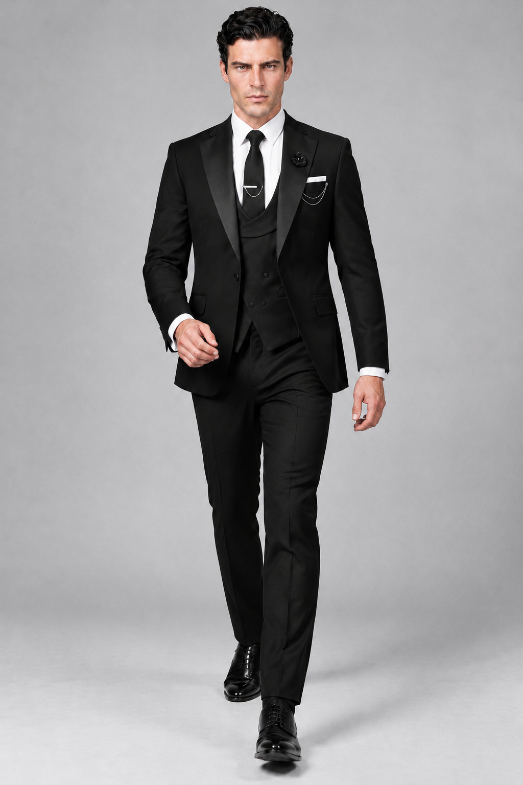 Savile Men's Full Black 3-Piece Tuxedo Suit – Contrast Silver Peak Lapel & Grey Vest Formal Set - Full Black - Full Black (2)