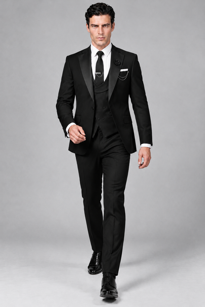 Savile Men's Full Black 3-Piece Tuxedo Suit – Contrast Silver Peak Lapel & Grey Vest Formal Set - Full Black - Full Black (2)