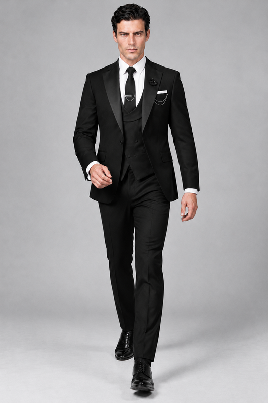 Savile Men's Full Black 3-Piece Tuxedo Suit – Contrast Silver Peak Lapel & Grey Vest Formal Set - Full Black - Full Black (2)