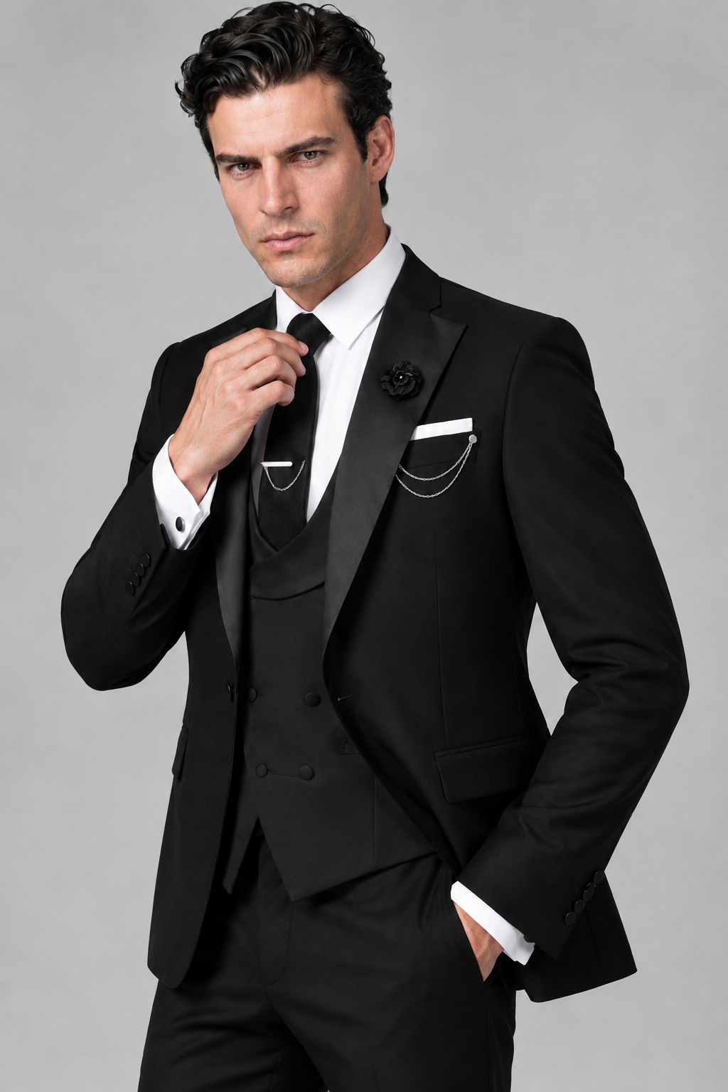 Savile Men's Full Black 3-Piece Tuxedo Suit – Contrast Silver Peak Lapel & Grey Vest Formal Set - Full Black - Full Black (3)