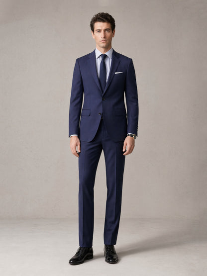 Men's navy blue slim fit 1-piece suit - full front view with striped shirt and navy tie