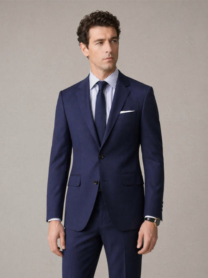Men's navy blue suit - upper body close up showing notch lapel and jacket detail