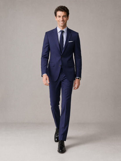 Men's navy blue suit - full front walking pose showing slim fit silhouette