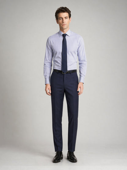 Men's navy blue suit trousers - front view with striped shirt and navy tie