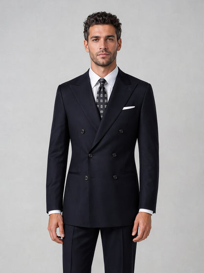 Men's navy double-breasted slim fit suit - full front view with white shirt and geometric tie