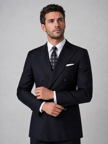Men's navy double-breasted suit - upper body close up showing peak lapel and six-button detail