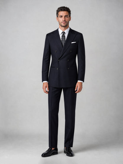 Men's navy double-breasted suit - side view adjusting cuffs showing jacket structure