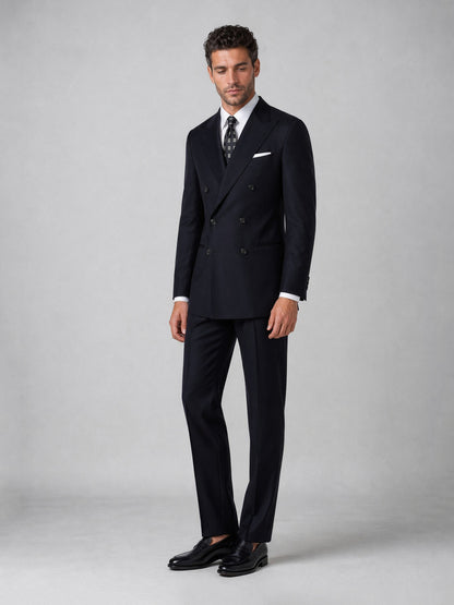Men's navy double-breasted suit - full length side view showing slim fit silhouette