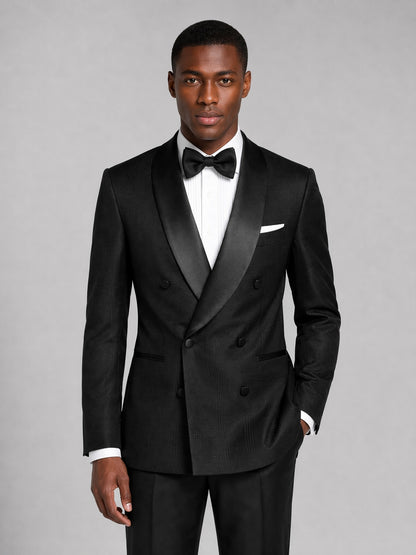 Men's black tuxedo suit - upper body close up showing satin shawl lapel and bow tie detail