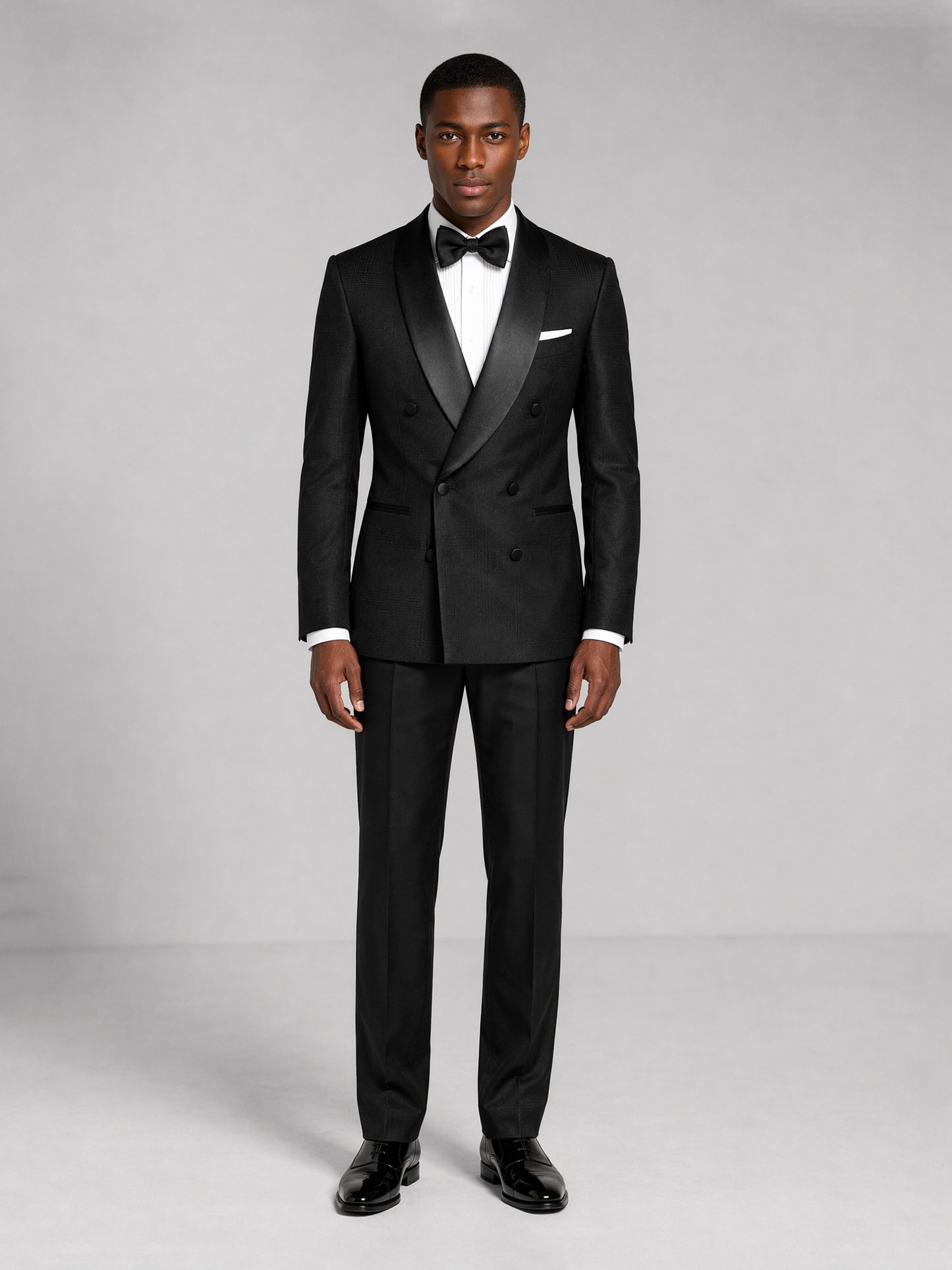 Men's black tuxedo suit - full length front view standing pose showing complete silhouette