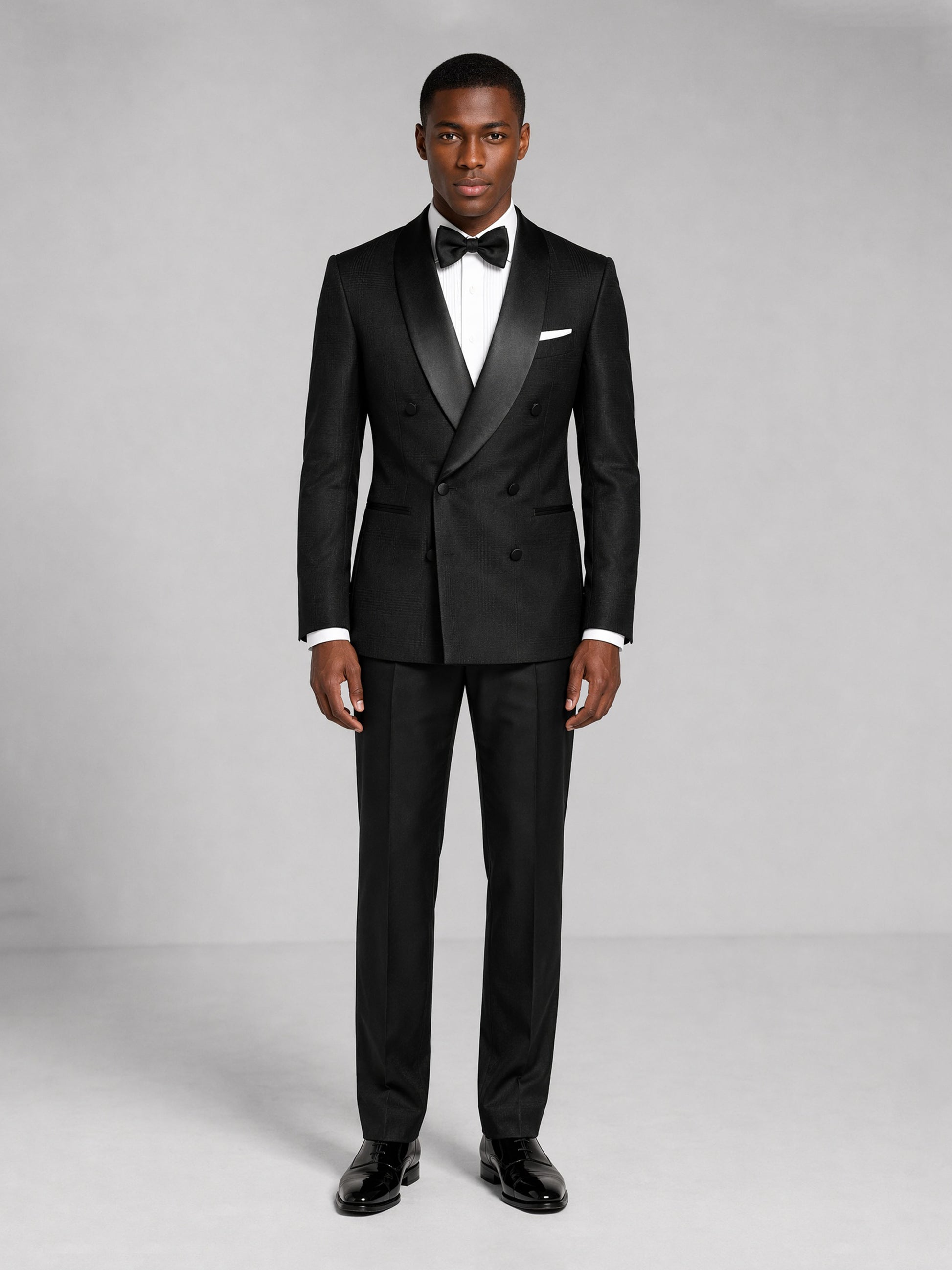 Men's black tuxedo suit - full length front view standing pose showing complete silhouette