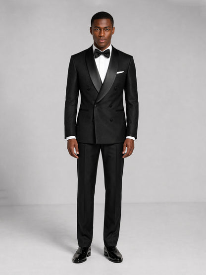 Men's black tuxedo suit - full length front view standing pose showing complete silhouette