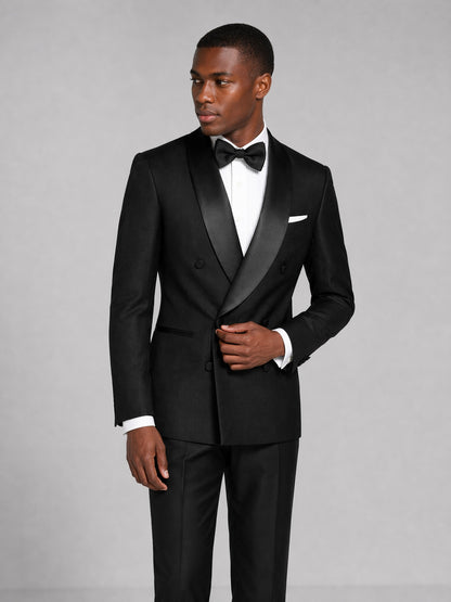 Men's black double-breasted tuxedo suit - full front view with white shirt and black bow tie