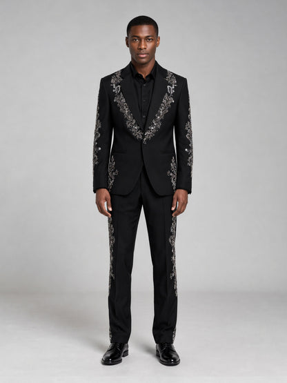 Men's black embroidered suit - upper body front view showing full embroidery detail on jacket
