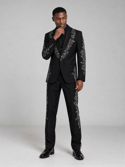 Men's black embroidered suit - full length front view standing showing complete jacket and trouser embroidery