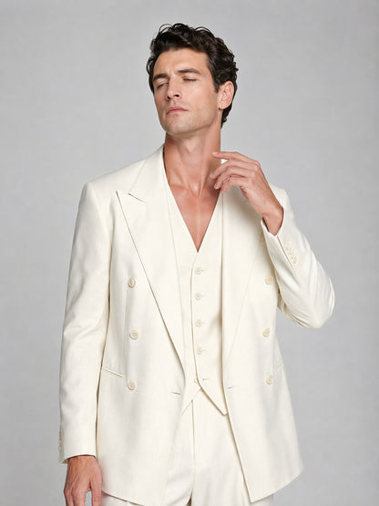 Men's ivory double-breasted 2-piece suit - upper body close up showing peak lapel and vest detail
