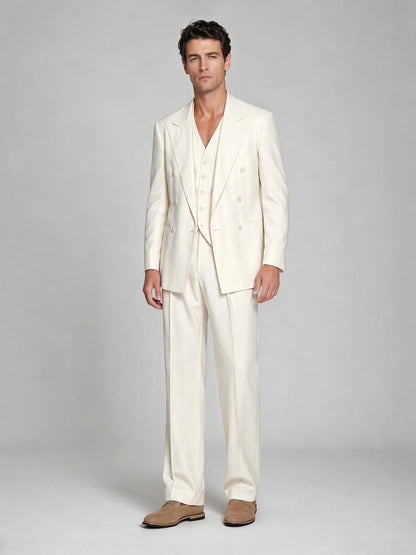 Men's ivory 2-piece suit - upper body hand touching collar showing relaxed open-collar styling