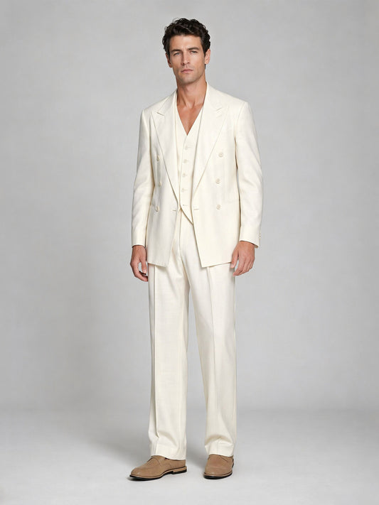 Men's ivory 3-piece suit - upper body hand touching collar showing relaxed open-collar styling