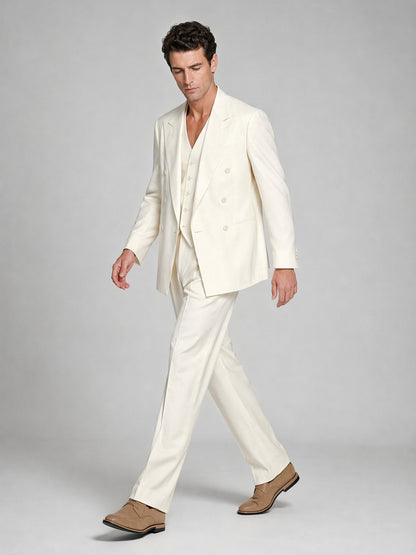 Men's ivory 2-piece suit - full length front view standing showing complete jacket vest and wide-leg trouser