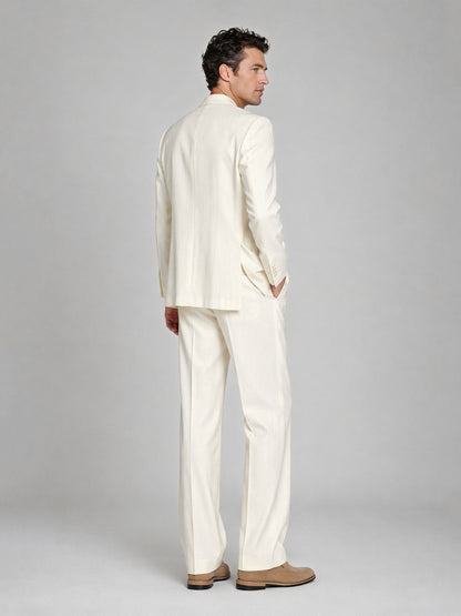 Men's ivory 2-piece suit - full length walking pose showing relaxed fit and trouser movement