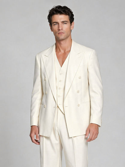 Men's ivory 2-piece suit - back view showing jacket cut and wide-leg trouser length with tan shoes
