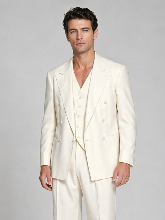 Men's ivory 3-piece suit - back view showing jacket cut and wide-leg trouser length with tan shoes