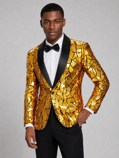 Men's gold mosaic mirror sequin tuxedo blazer - upper body front view showing mirror tile detail and satin shawl lapel