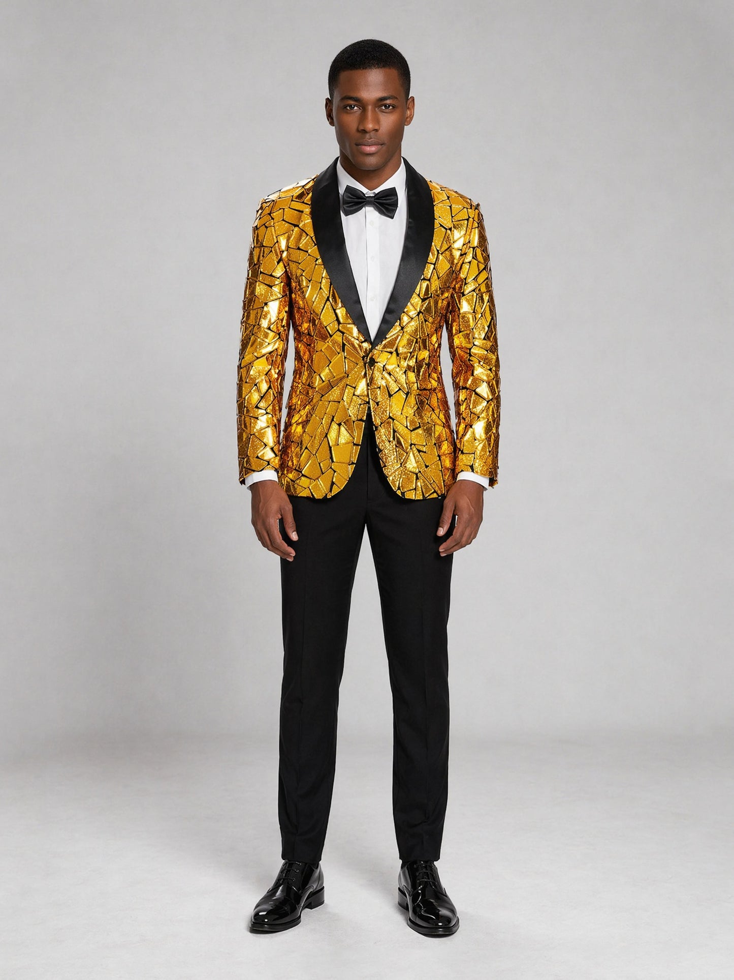Men's gold sequin tuxedo blazer - upper body hand on hip showing full mosaic mirror tile coverage