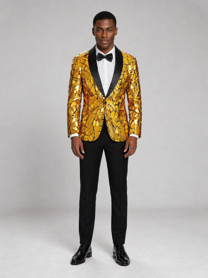 Men's gold sequin tuxedo blazer - upper body hand on hip showing full mosaic mirror tile coverage