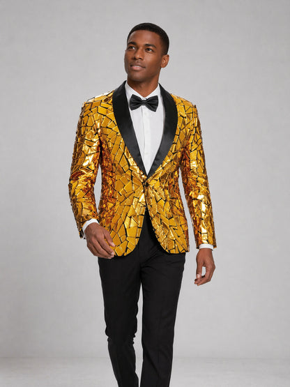 Men's gold sequin tuxedo blazer - full length front view standing with black trousers and patent shoes