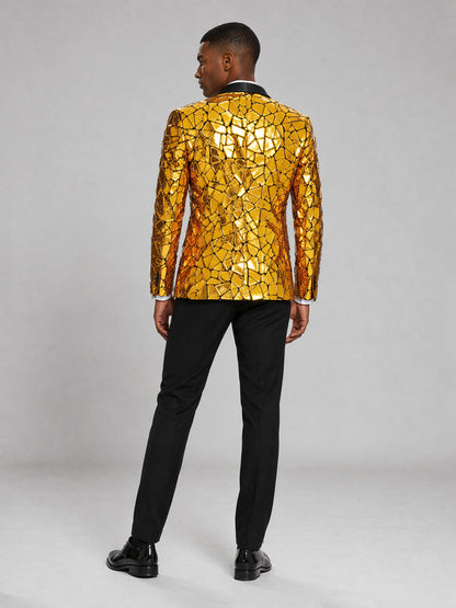 Men's gold sequin tuxedo blazer - full length walking pose showing movement and light reflection