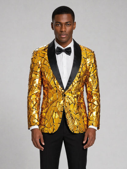 Men's gold sequin tuxedo blazer - back view showing full mirror tile coverage on jacket