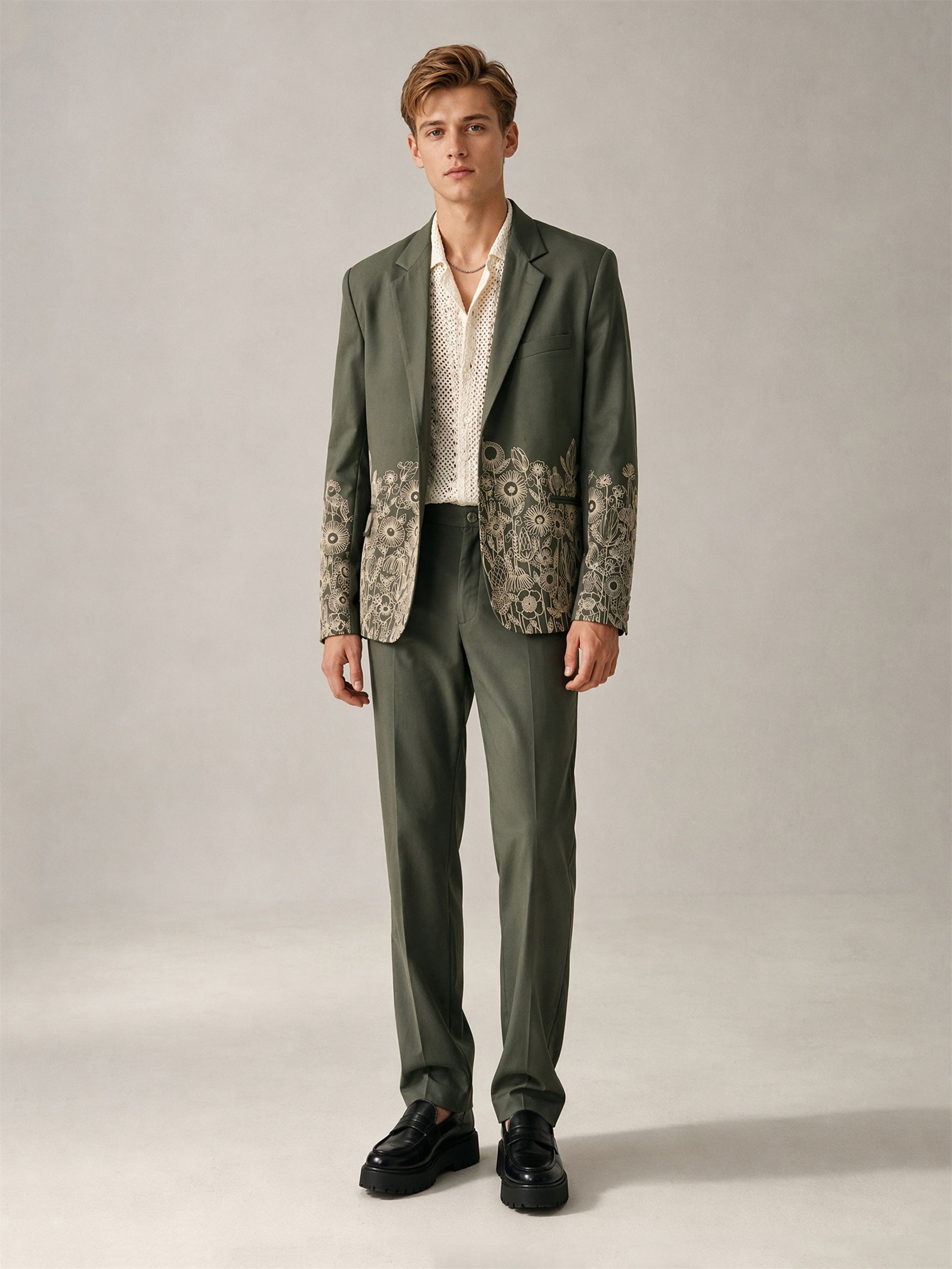 Savile Floral Embroidered 2-Piece Suit Set – Full front view facing camera