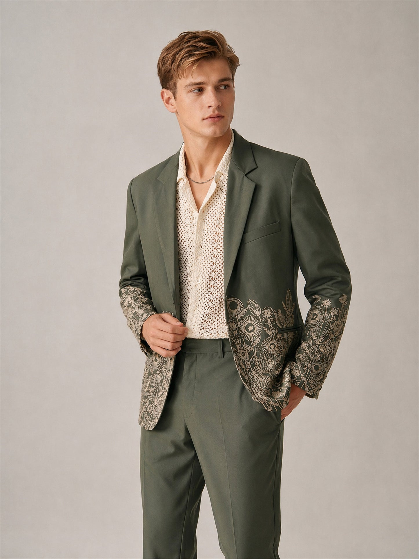 Savile Floral Embroidered 2-Piece Suit Set – Three-quarter view with hand in pocket