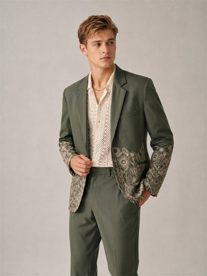 Savile Floral Embroidered 2-Piece Suit Set – Three-quarter view with hand in pocket