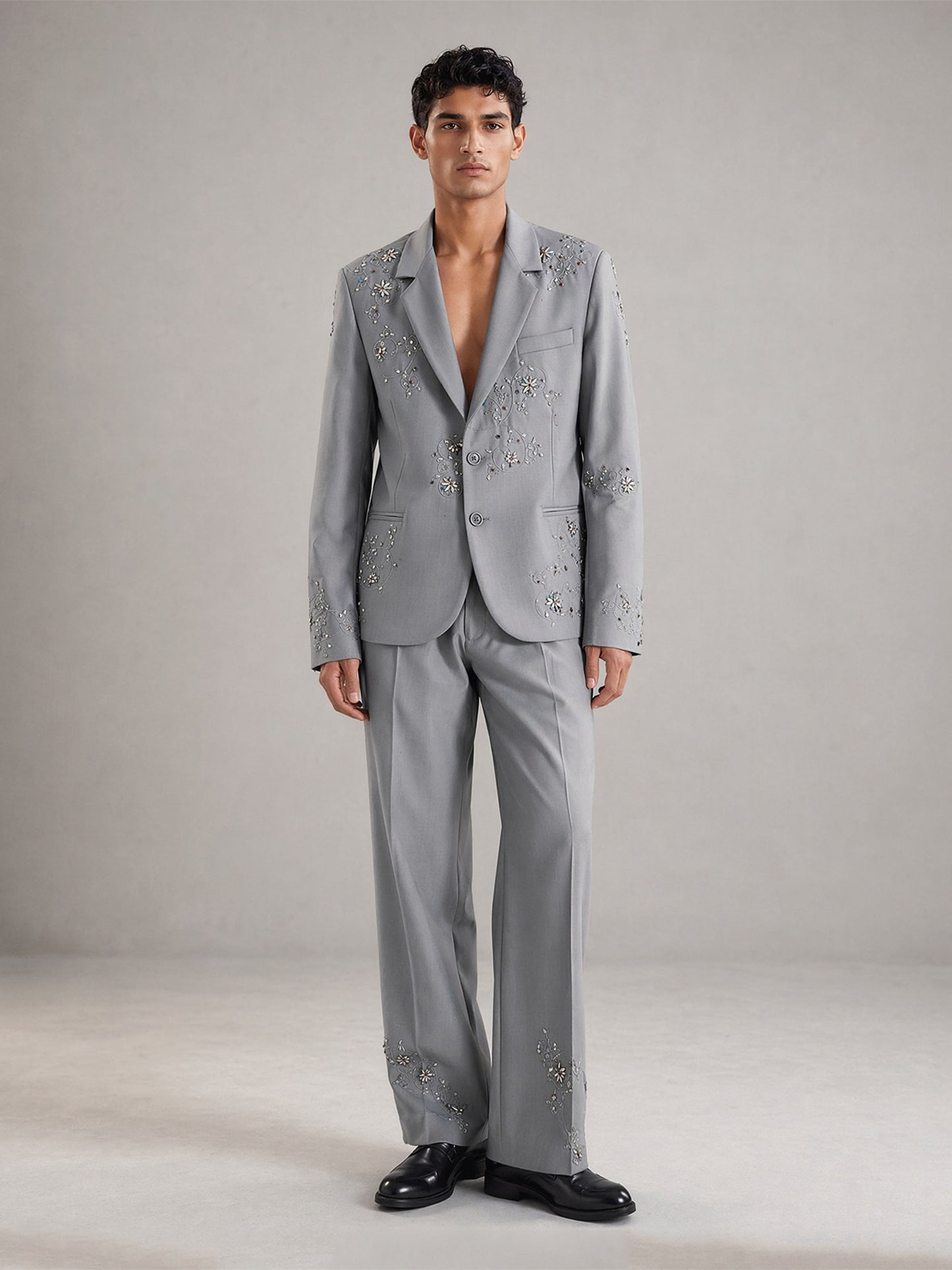 Savile Crystal Floral Embroidered 2-Piece Suit – Upper body close-up eyes closed