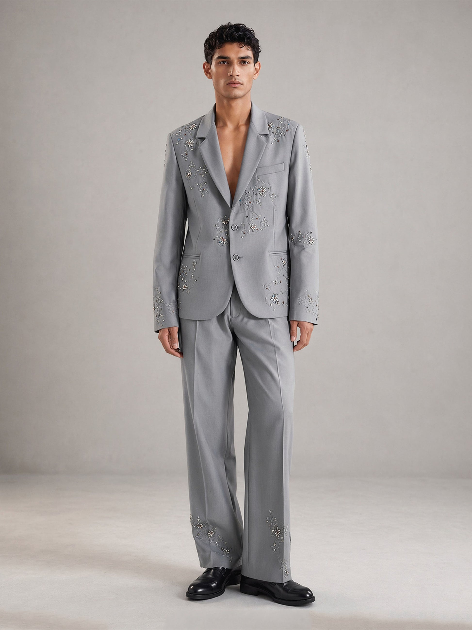 Savile Crystal Floral Embroidered 2-Piece Suit – Upper body close-up eyes closed