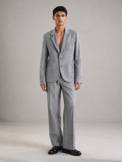 Savile Crystal Floral Embroidered 2-Piece Suit – Upper body close-up eyes closed