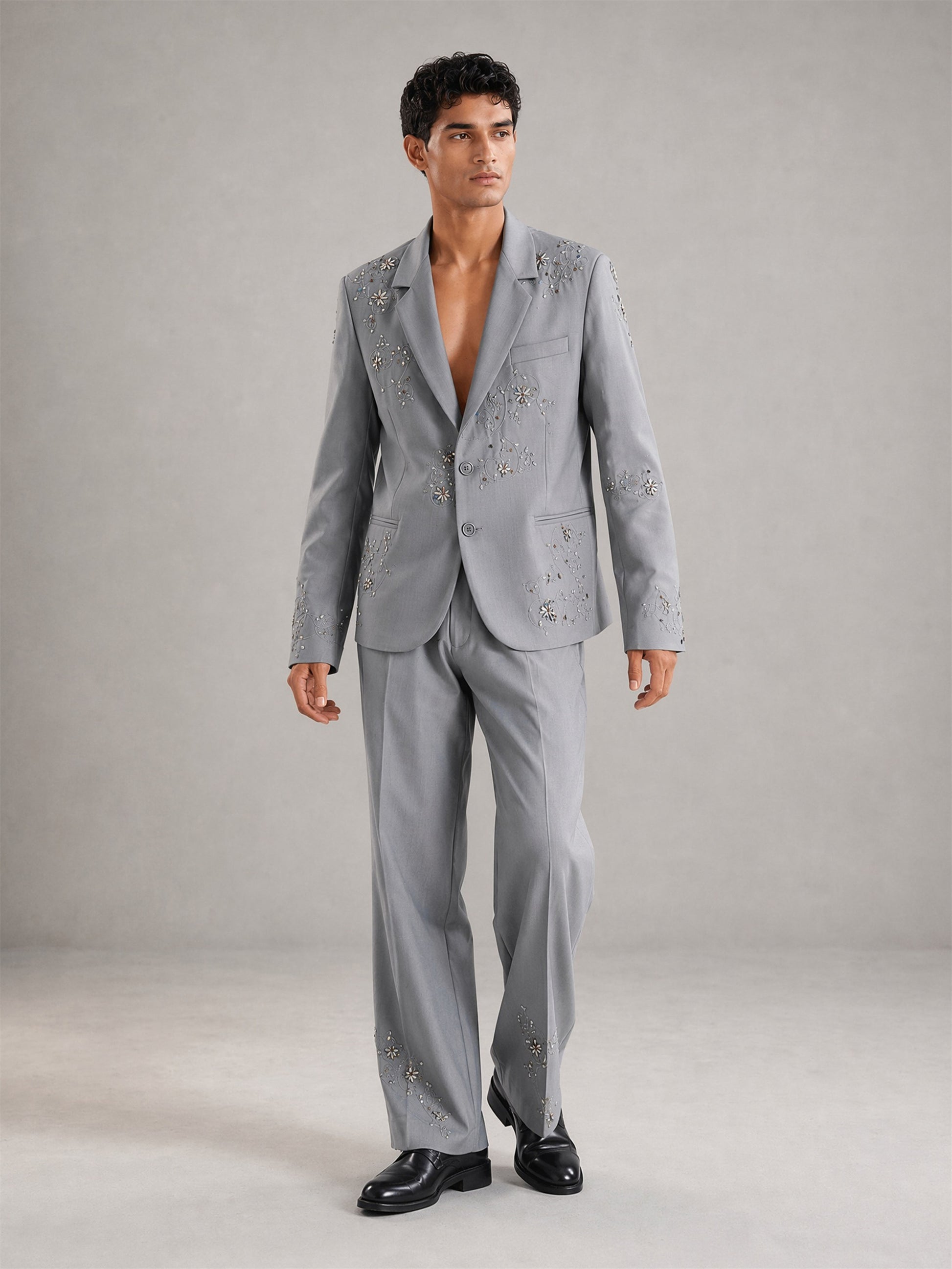 Savile Crystal Floral Embroidered 2-Piece Suit – Full body front view relaxed