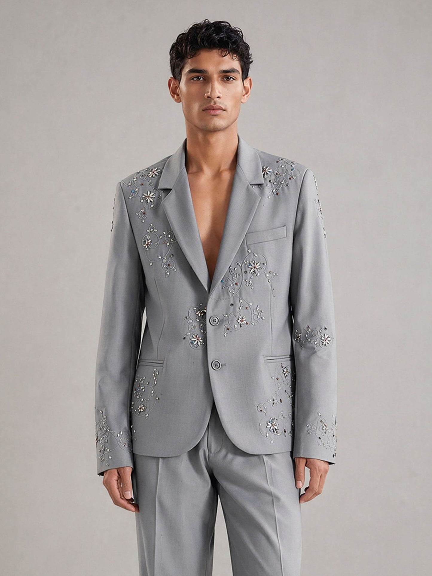 Savile Crystal Floral Embroidered 2-Piece Suit – Full body relaxed front view