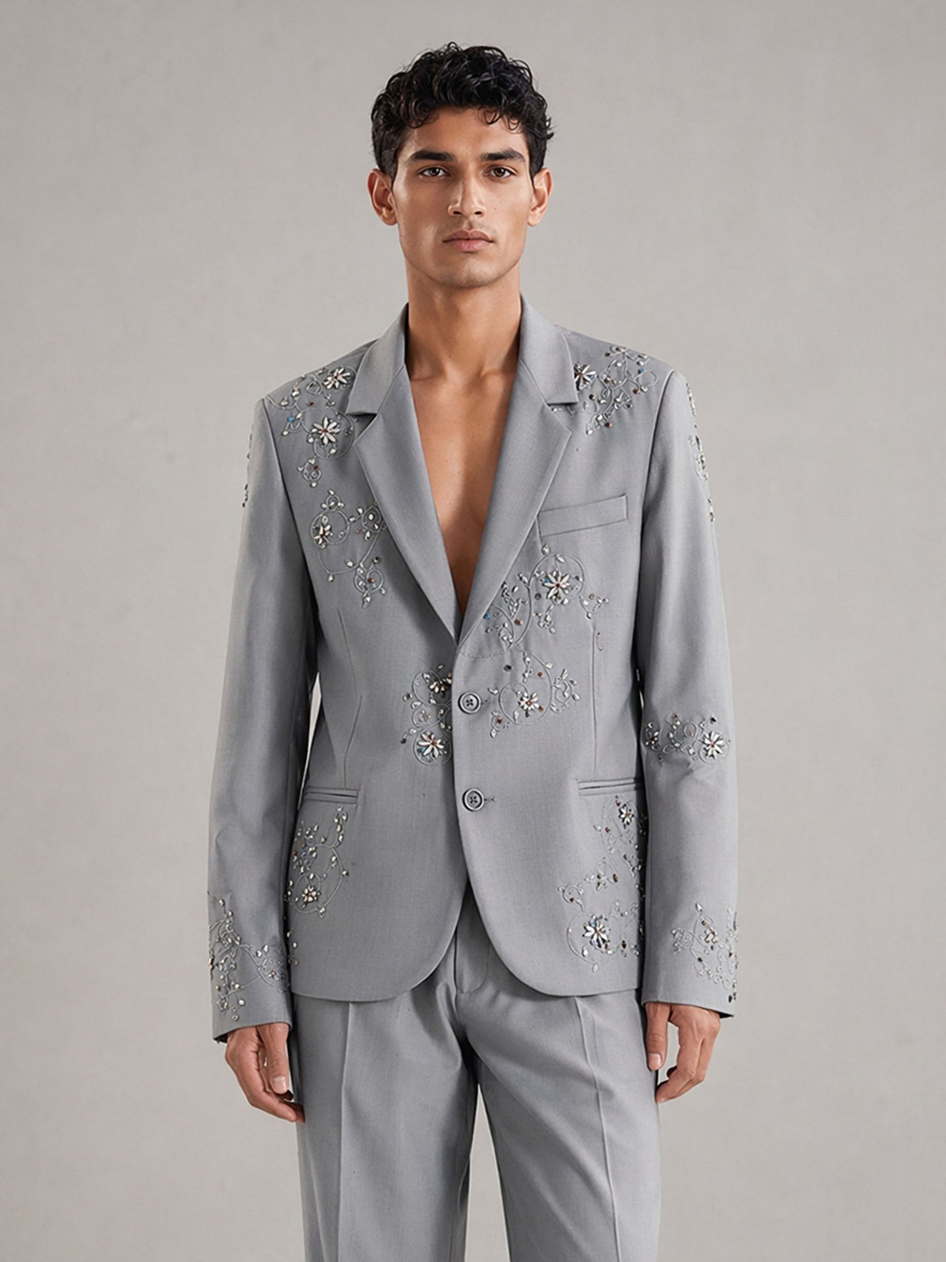 Savile Crystal Floral Embroidered 2-Piece Suit – Full body relaxed front view