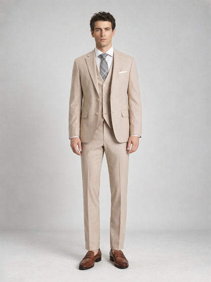 Savile Beige 3-Piece Suit – Upper body front view hands clasped