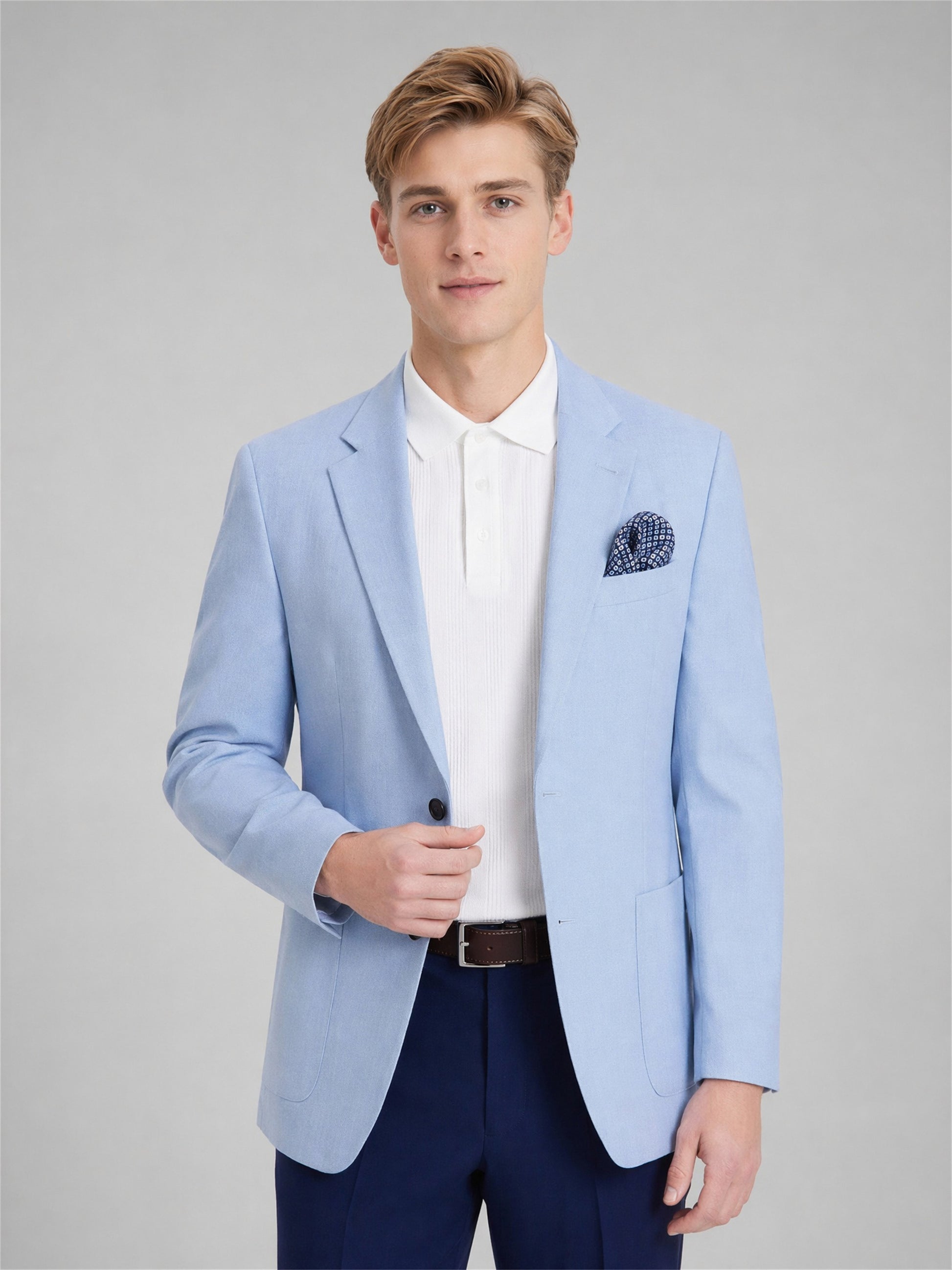 Savile Sky Blue Slim-Fit Blazer – Upper body front view direct gaze