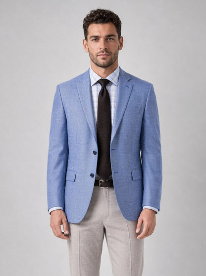 Savile Light Blue Glen Plaid Blazer – Upper body arms crossed close-up