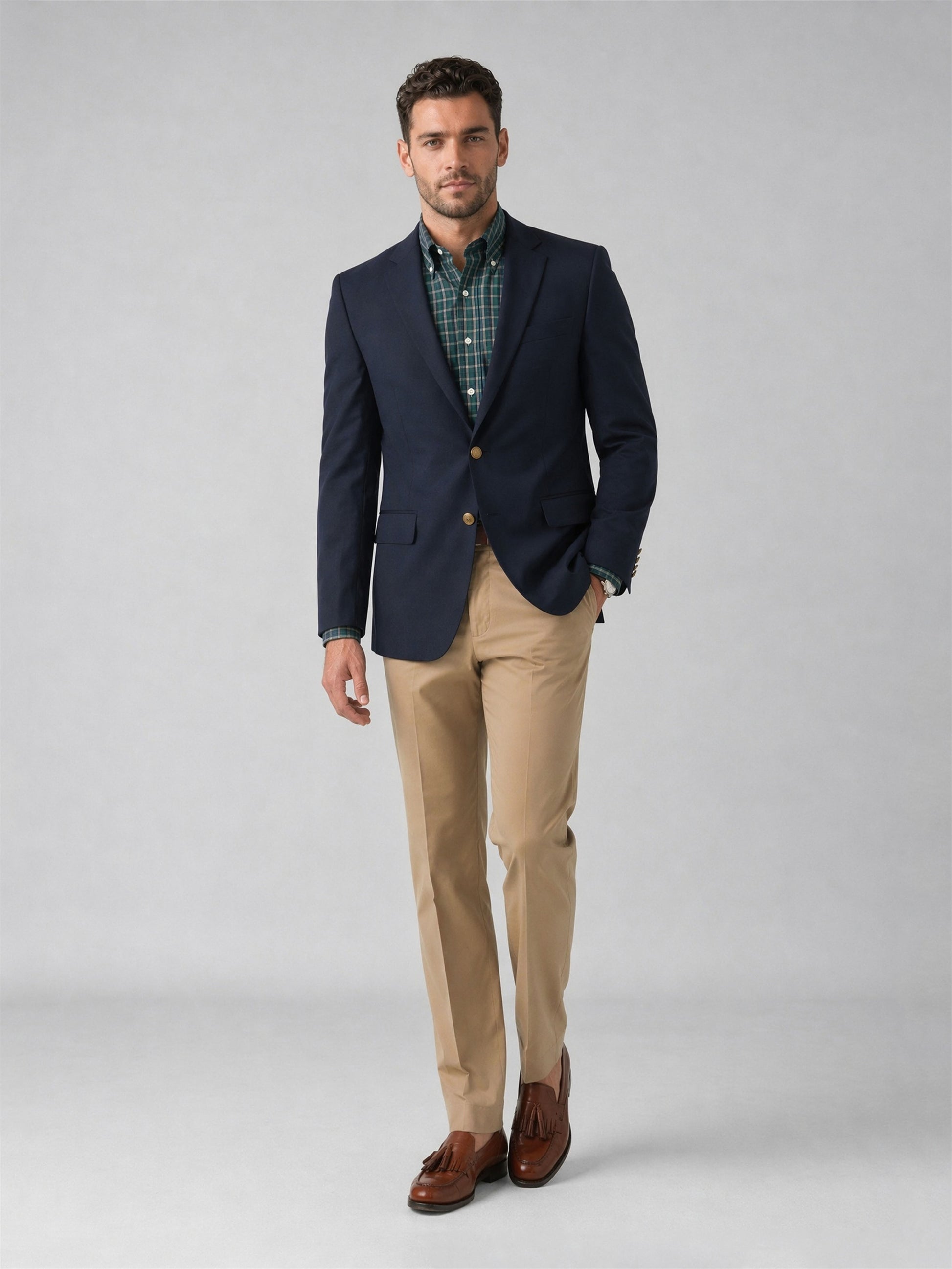 Savile Navy Gold Button Blazer – Full body front view walking