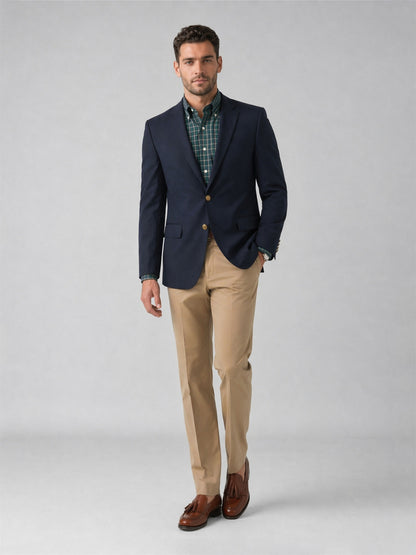 Savile Navy Gold Button Blazer – Full body front view walking