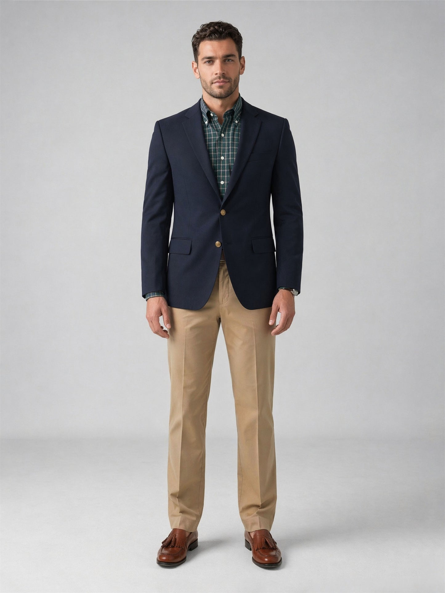 Savile Navy Gold Button Blazer – Full body front view standing